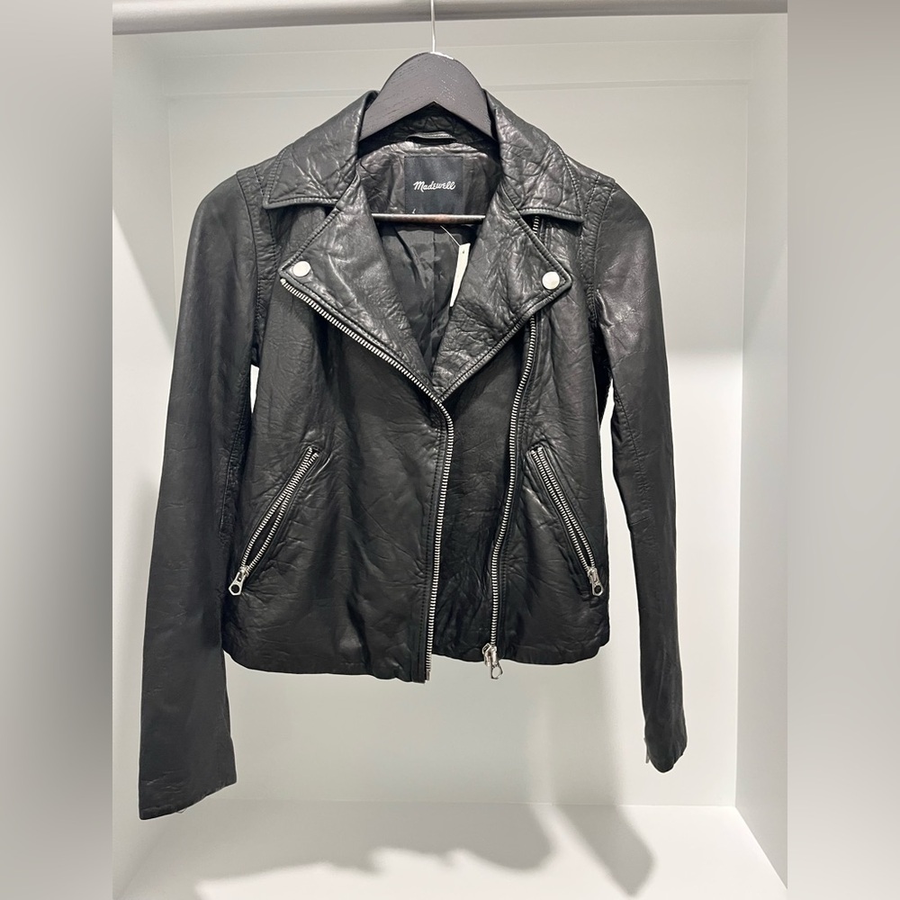 Madewell The Washed Leather Motorcycle Jacket in true black buttery soft XXS NEW - Picture 7 of 17